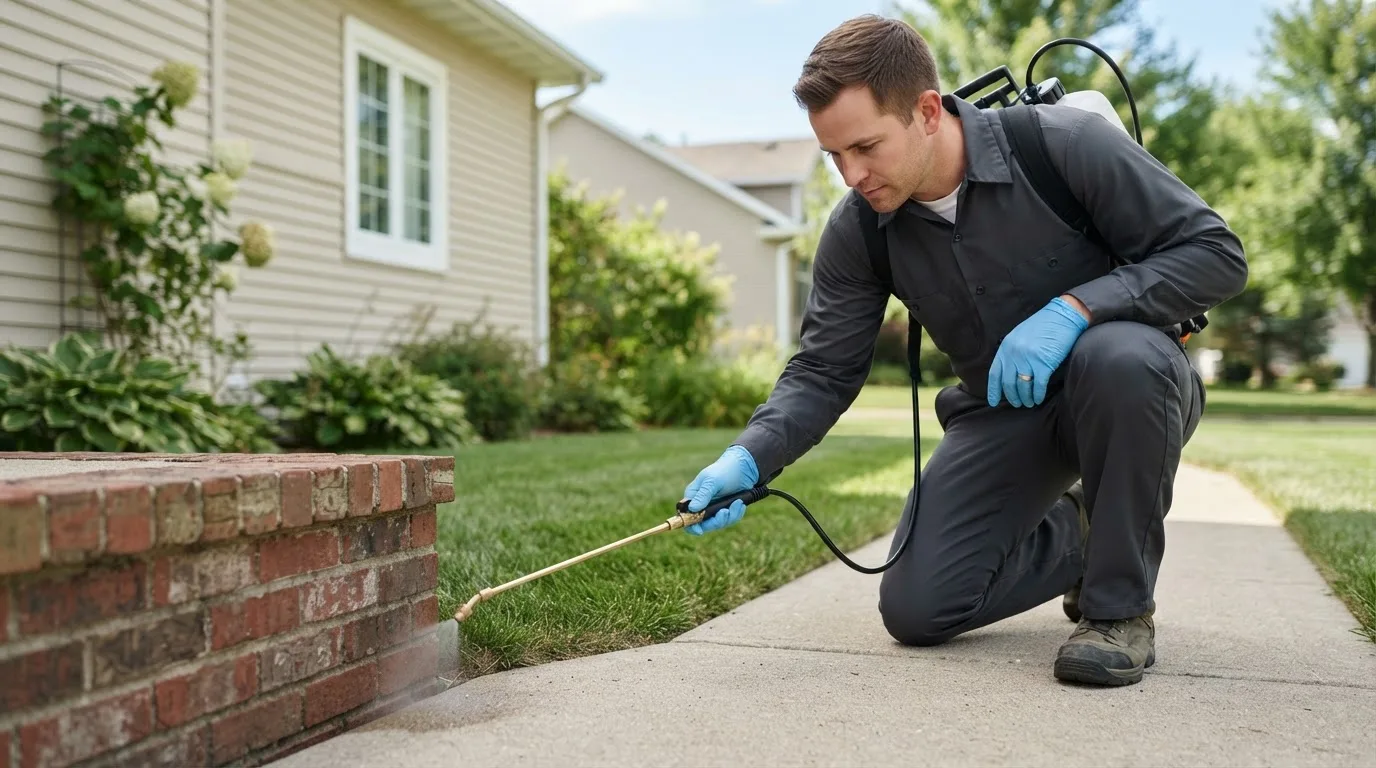 Pest control technician treating a home near Belcourt, ND