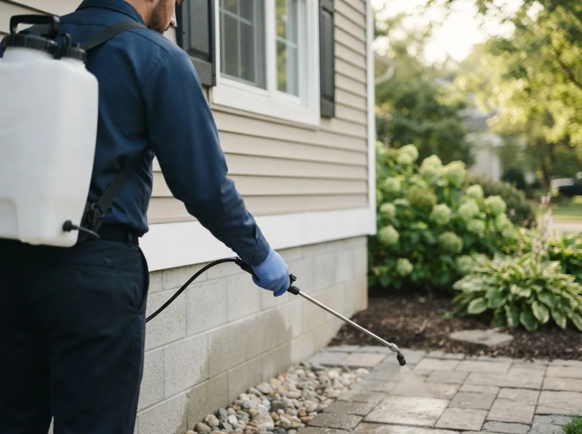 Pest control technician inspecting a home in Belcourt, ND